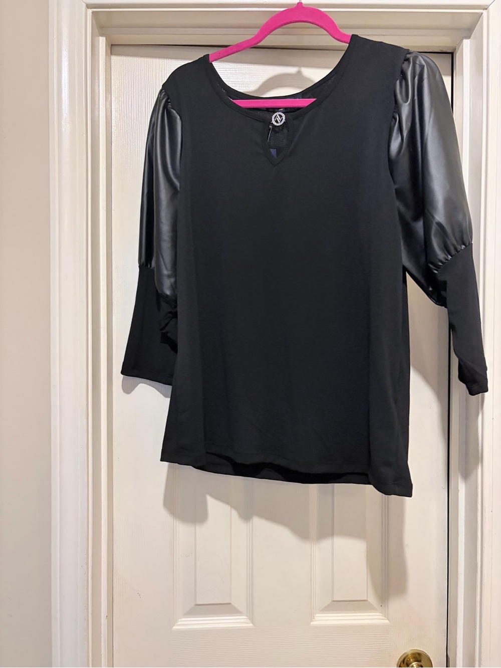 Adrienne Vittadini Black Blouse with Faux-Leather Puff Sleeves